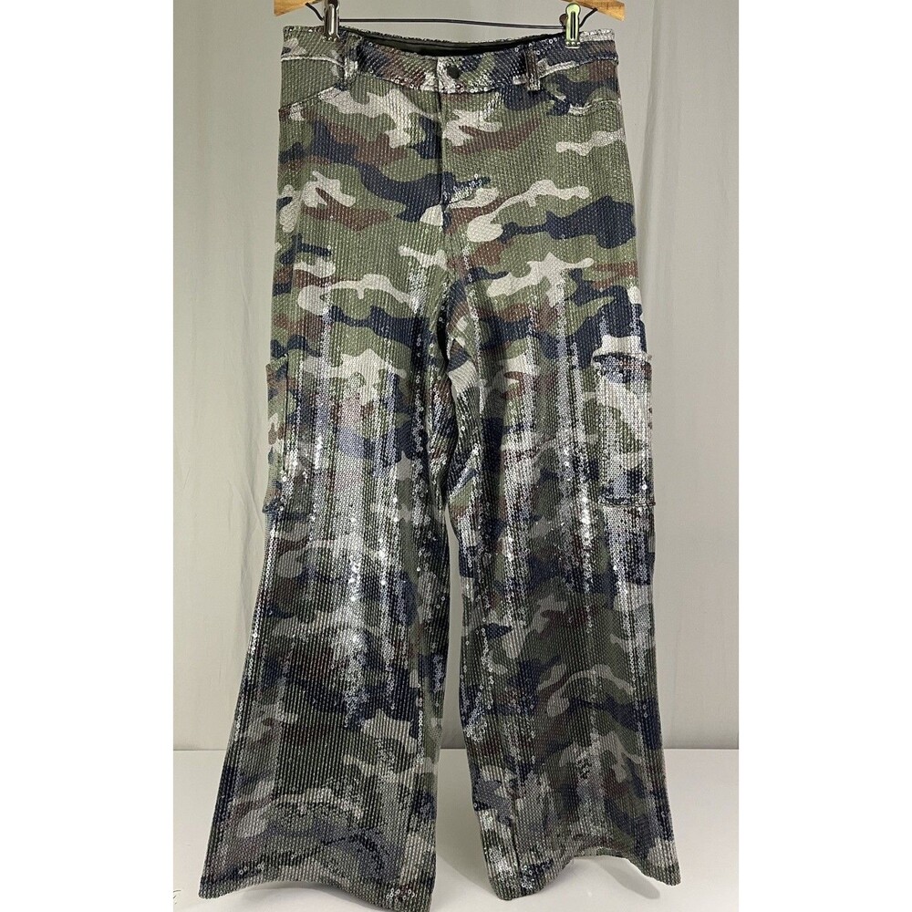 Weissman Dance Costume Wide Leg Camo Sequins Pants Sz MA Brown Army Green Flashy